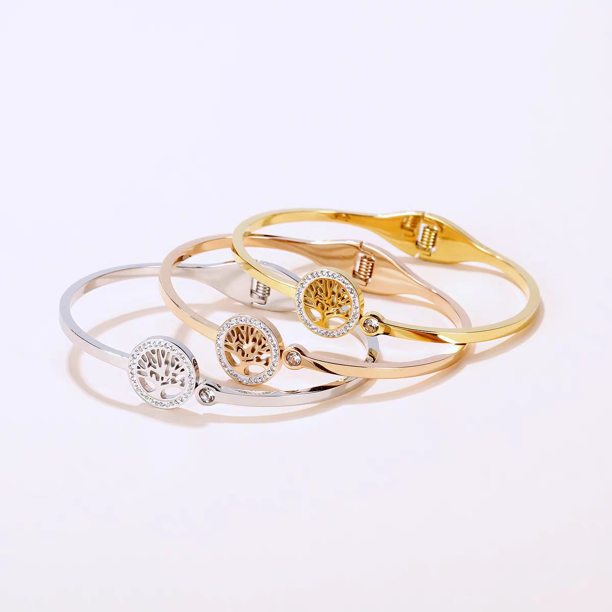 欧美时尚 生命树不锈钢镶钻手镯 韩版流行百搭发财树手环饰品