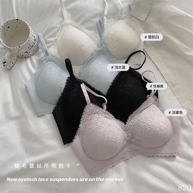 Dreamy red and pink eyelash, no steel band, breast support, small chest to show off, gathering bra, women's seamless anti-sagging lace strappy underwear details Picture