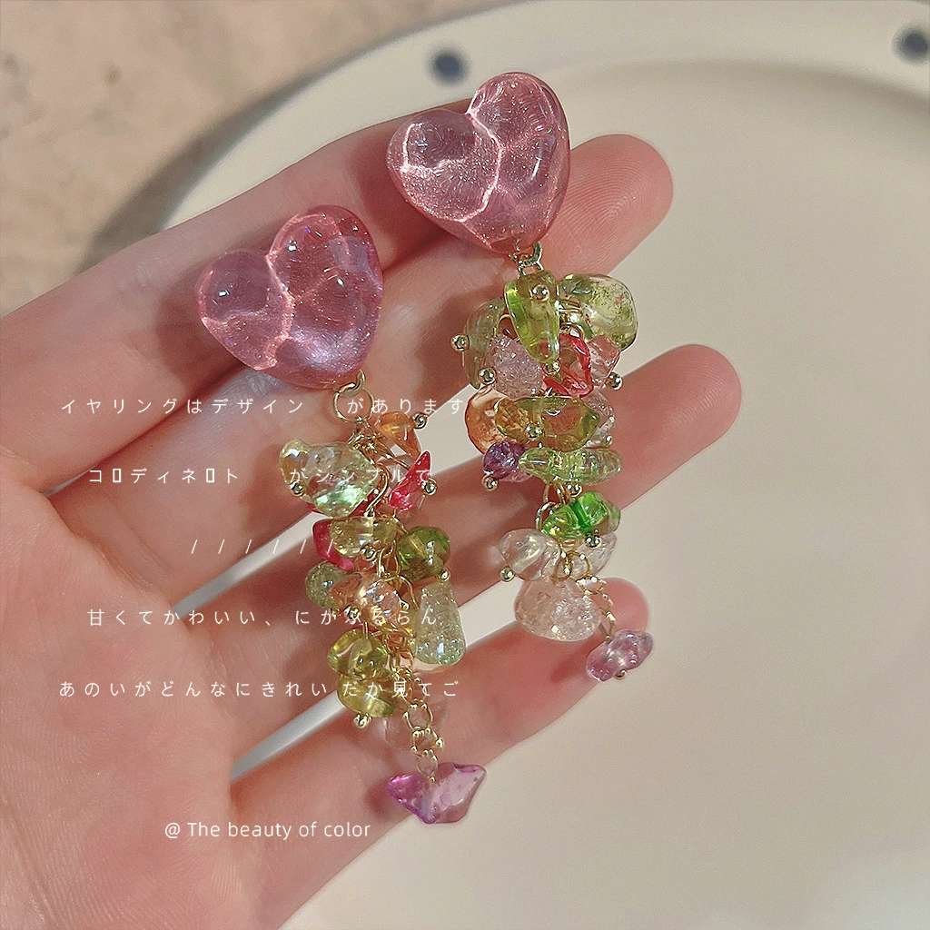 手作甜美玻璃水晶夏日款925银针混彩长款流苏耳环气质高级感耳饰 