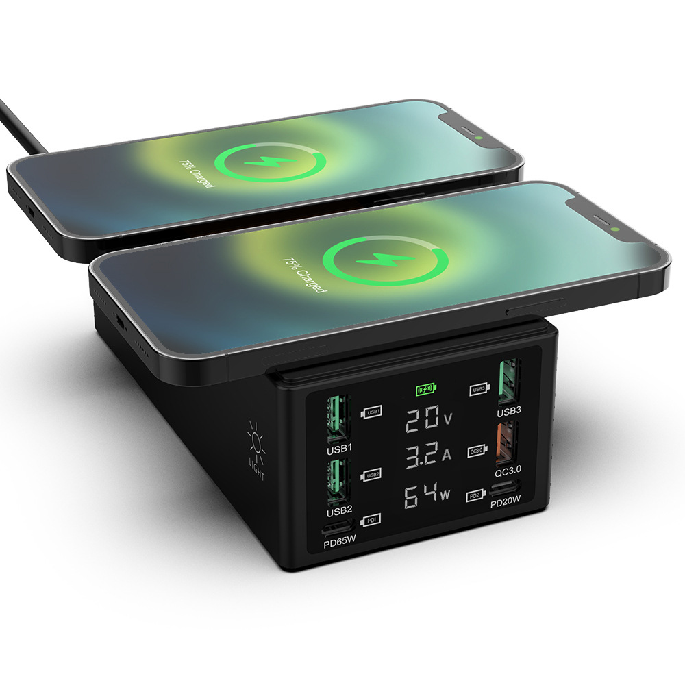 Dual-seat multi-port wireless charger, PD fast charging, mobile phone charger, smart charger, LED screen Specification image
