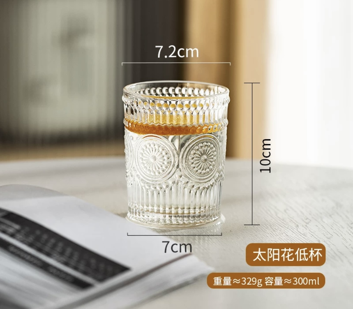 Glass cup relief home water cup set for women, ins style, golden edge summer sunflower 300ml coffee cup Specification image