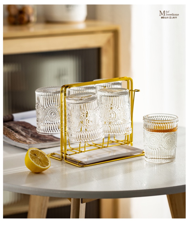 Glass cup relief home water cup set for women, ins style, golden edge summer sunflower 300ml coffee cup details Picture