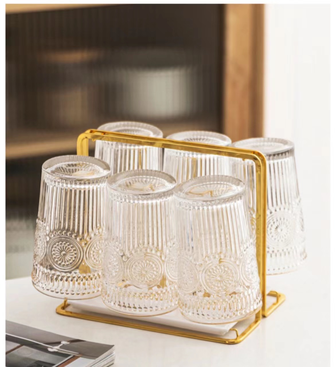 Glass cup relief home water cup set for women, ins style, gold edge summer sunflower 350ml coffee cup details Picture