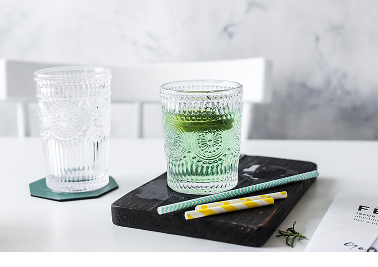 Glass cup relief home water cup set for women, ins style, golden edge summer sunflower 300ml coffee cup