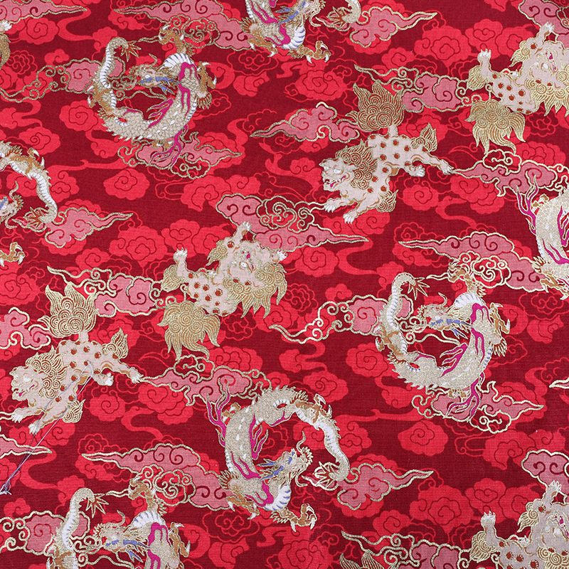Chinese-style dragon pattern, cloud pattern, lion dance, gold-embossed printed fabric, ancient-style clothing decorative fabric, Hanfu DIY, gold powder fabric Item Picture