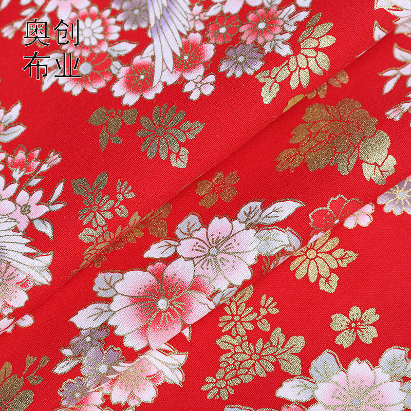 Chinese-style gilded fabric, flower-and-bird printed costumes, home textile fabric, festive crane ornaments, gold powder fabric, decorative fabric Specification image
