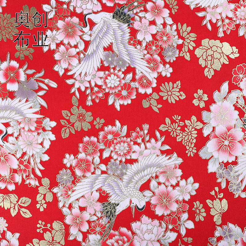 Chinese-style gilded fabric, flower-and-bird printed costumes, home textile fabric, festive crane ornaments, gold powder fabric, decorative fabric