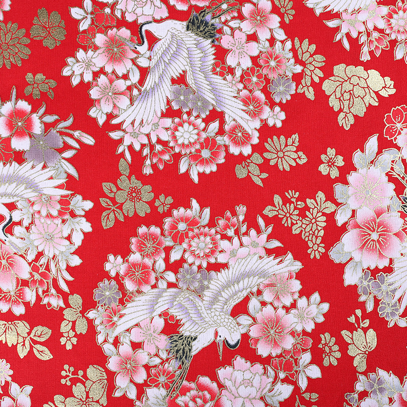 Chinese-style gilded fabric, flower-and-bird printed costumes, home textile fabric, festive crane ornaments, gold powder fabric, decorative fabric Item Picture