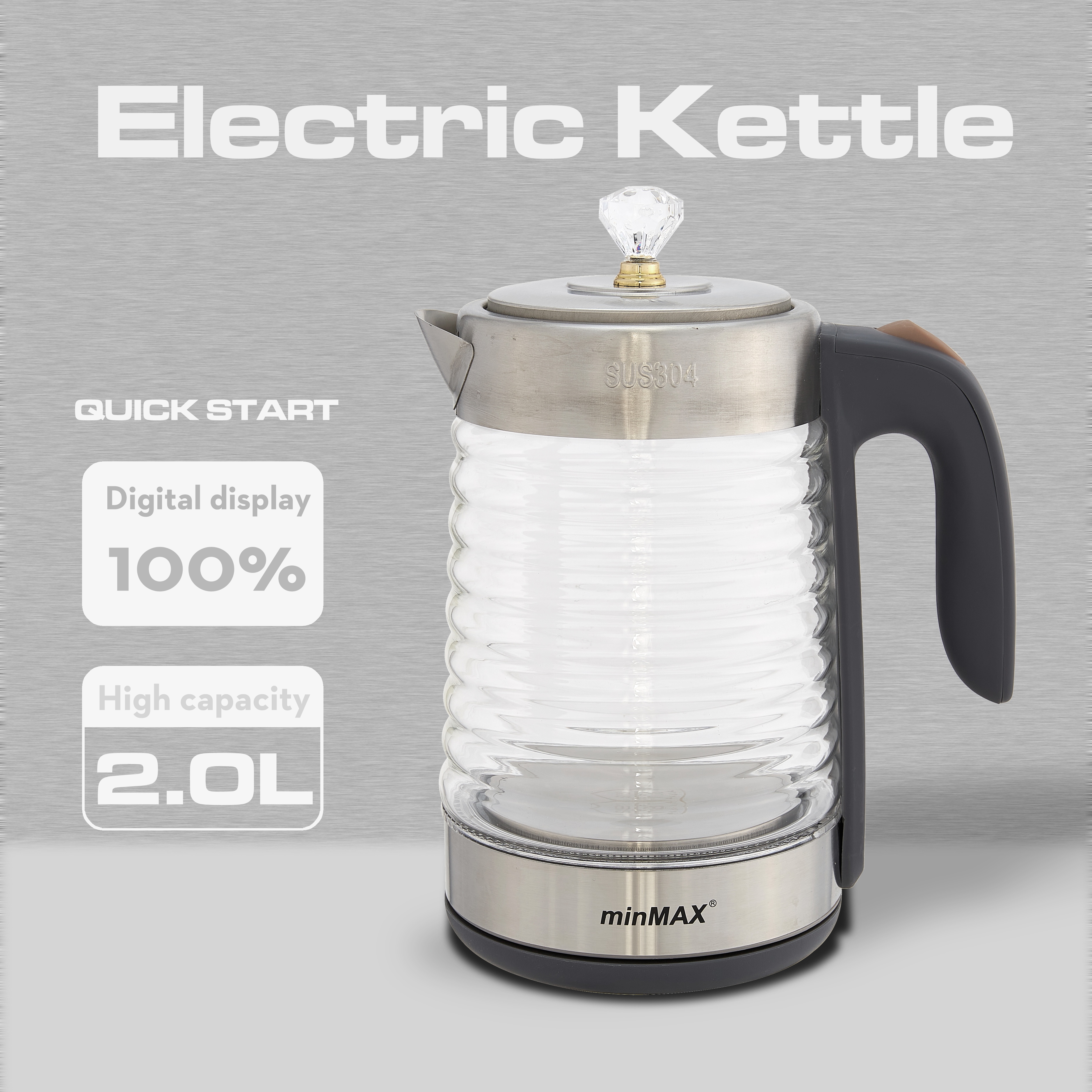 minMAX New model 1898 electric kettle, 2L household tea boiling kettle, high borosilicate glass hot water kettle