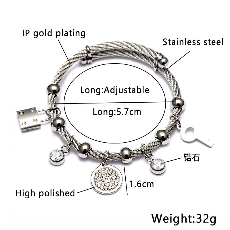 Stainless steel Fatima hand bracelet, titanium steel key lock bracelet with diamond round steel wire, extendable and adjustable bracelet accessory Item Picture