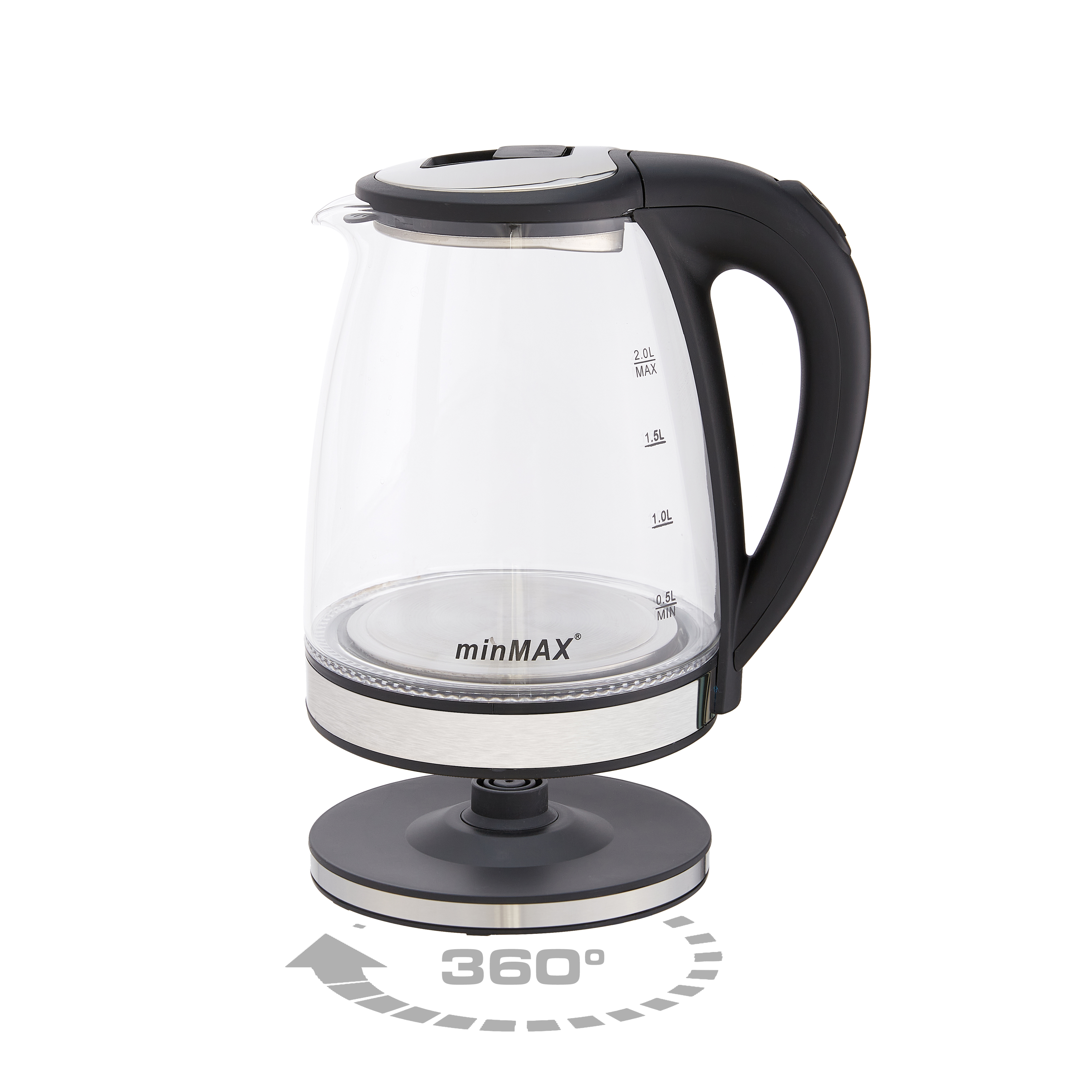 The new minMAX electric kettle, 1868, is a 2.0-liter transparent high borosilicate glass kettle with an LED blue light that can quickly boil electric water Item Picture