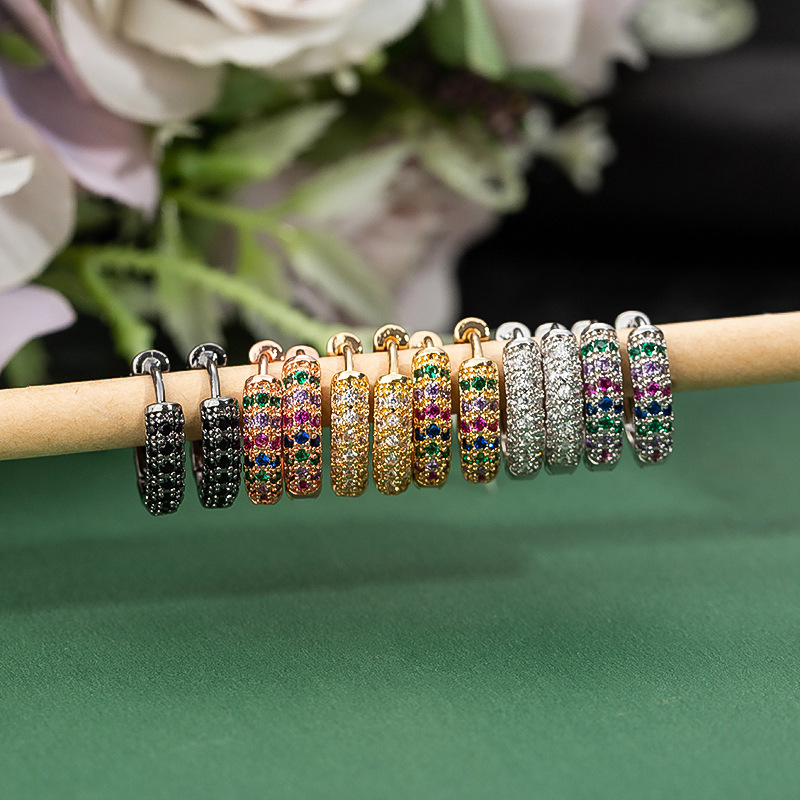Cross-border European and American fashion mixed color zircon ear earrings, 12mm copper slightly studded with diamonds mini ear hoop earrings accessory