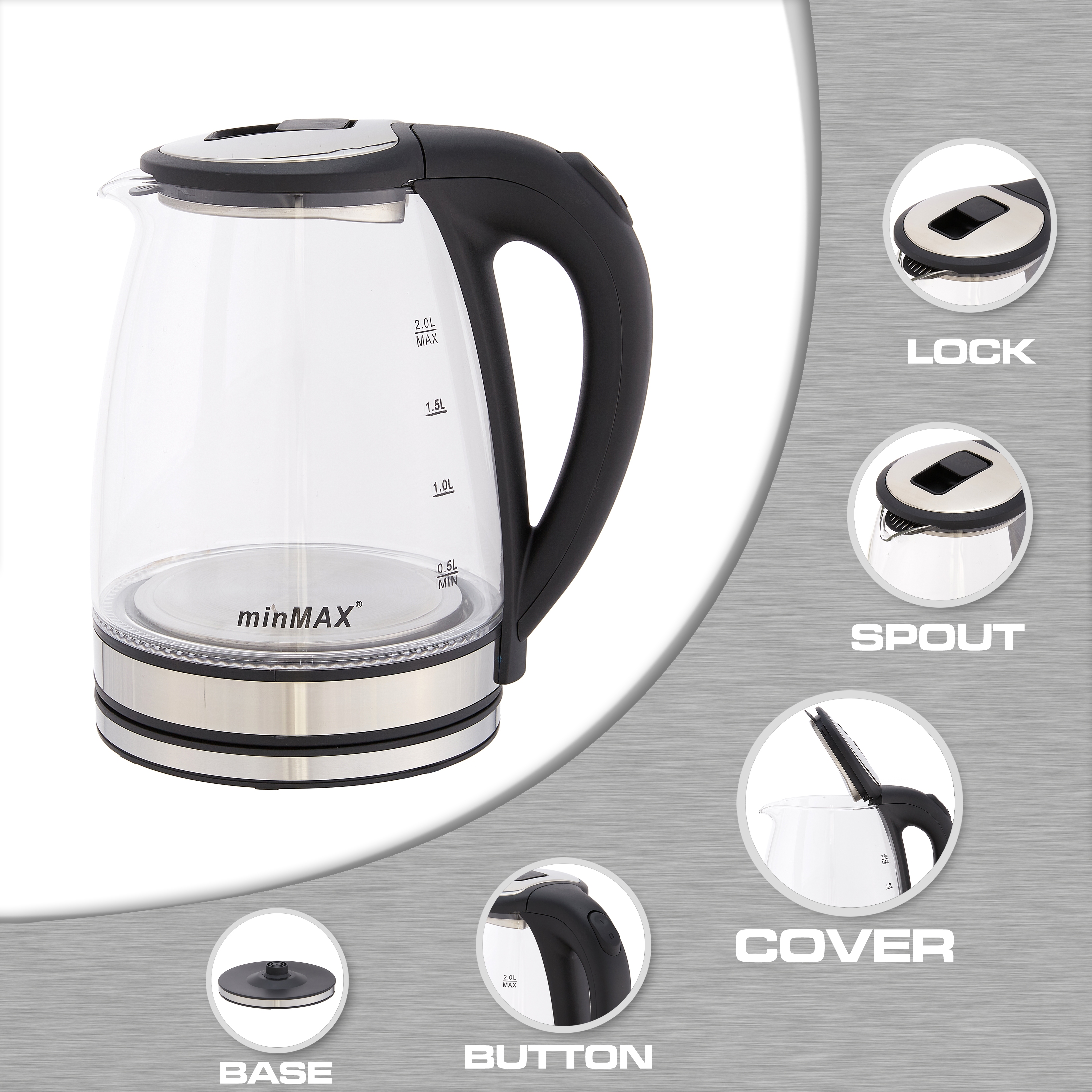 The new minMAX electric kettle, 1868, is a 2.0-liter transparent high borosilicate glass kettle with an LED blue light that can quickly boil electric water Specification image