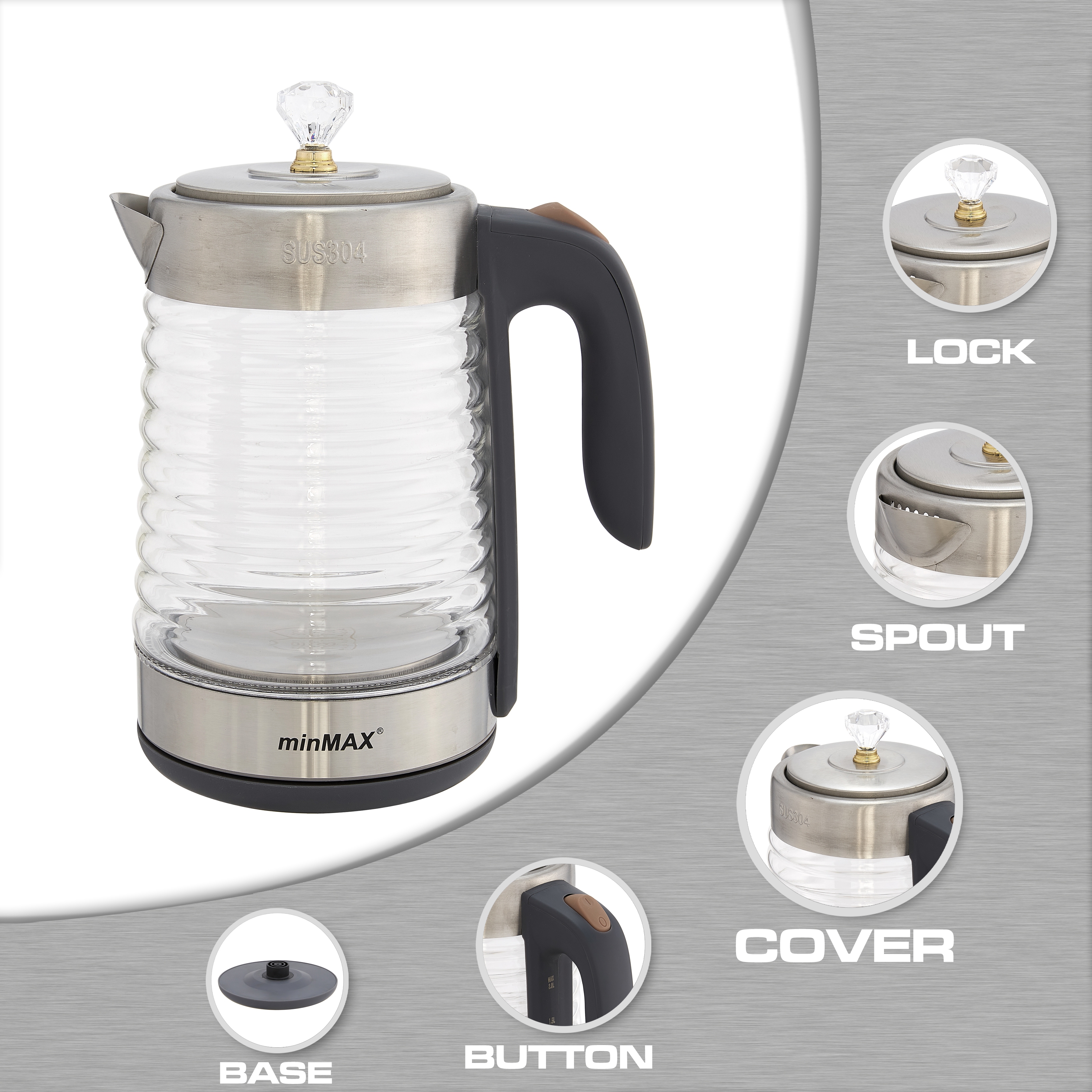 minMAX New model 1898 electric kettle, 2L household tea boiling kettle, high borosilicate glass hot water kettle details Picture