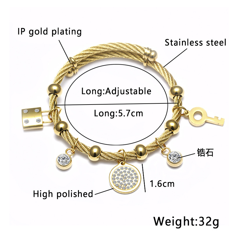 Stainless steel Fatima hand bracelet, titanium steel key lock bracelet with diamond round steel wire, extendable and adjustable bracelet accessory Application Scenario
