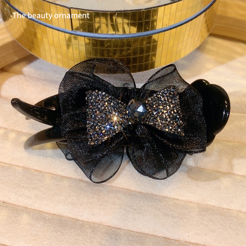 黑色网纱布艺蝴蝶结发夹鳄鱼夹后脑勺盘发抓夹