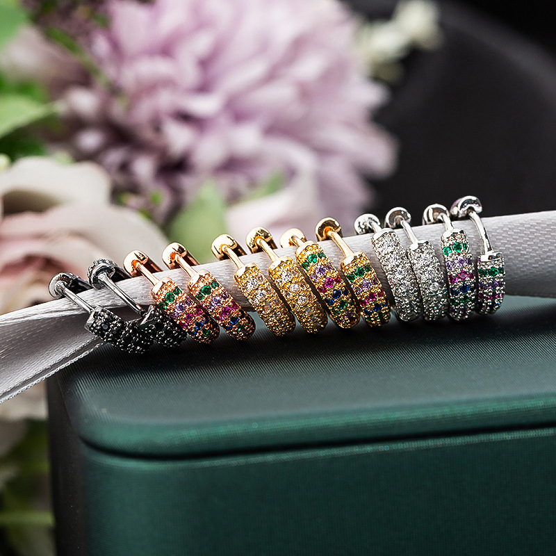 Cross-border European and American fashion mixed color zircon ear earrings, 12mm copper slightly studded with diamonds mini ear hoop earrings accessory details Picture
