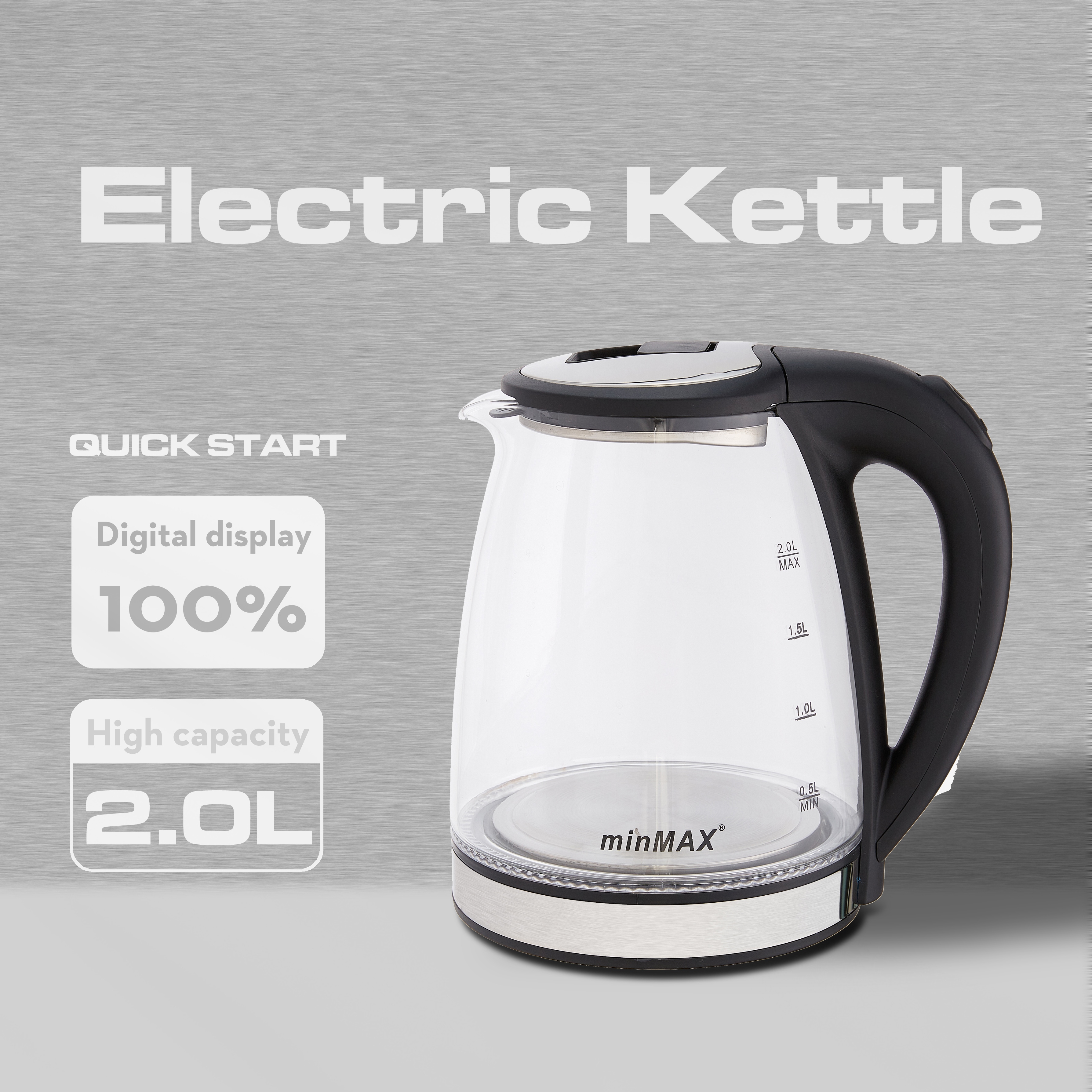 The new minMAX electric kettle, 1868, is a 2.0-liter transparent high borosilicate glass kettle with an LED blue light that can quickly boil electric water
