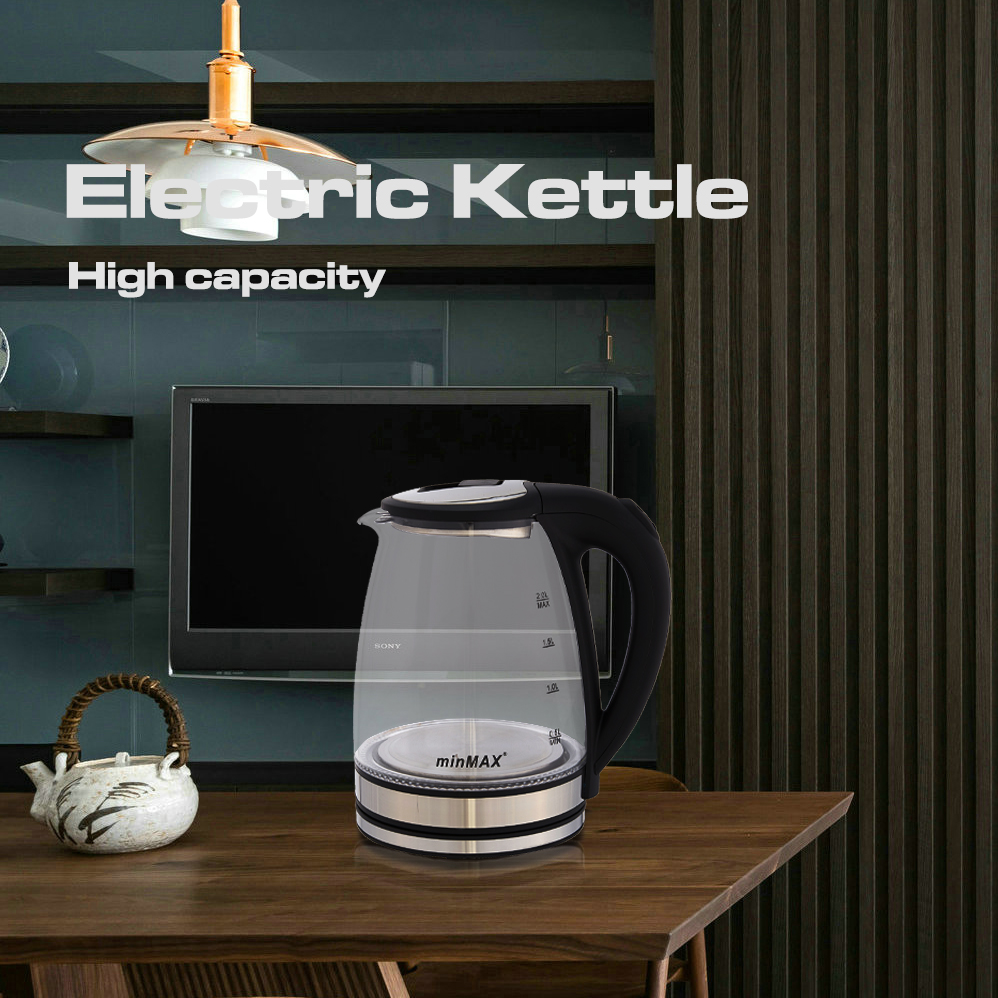 The new minMAX electric kettle, 1868, is a 2.0-liter transparent high borosilicate glass kettle with an LED blue light that can quickly boil electric water Application Scenario
