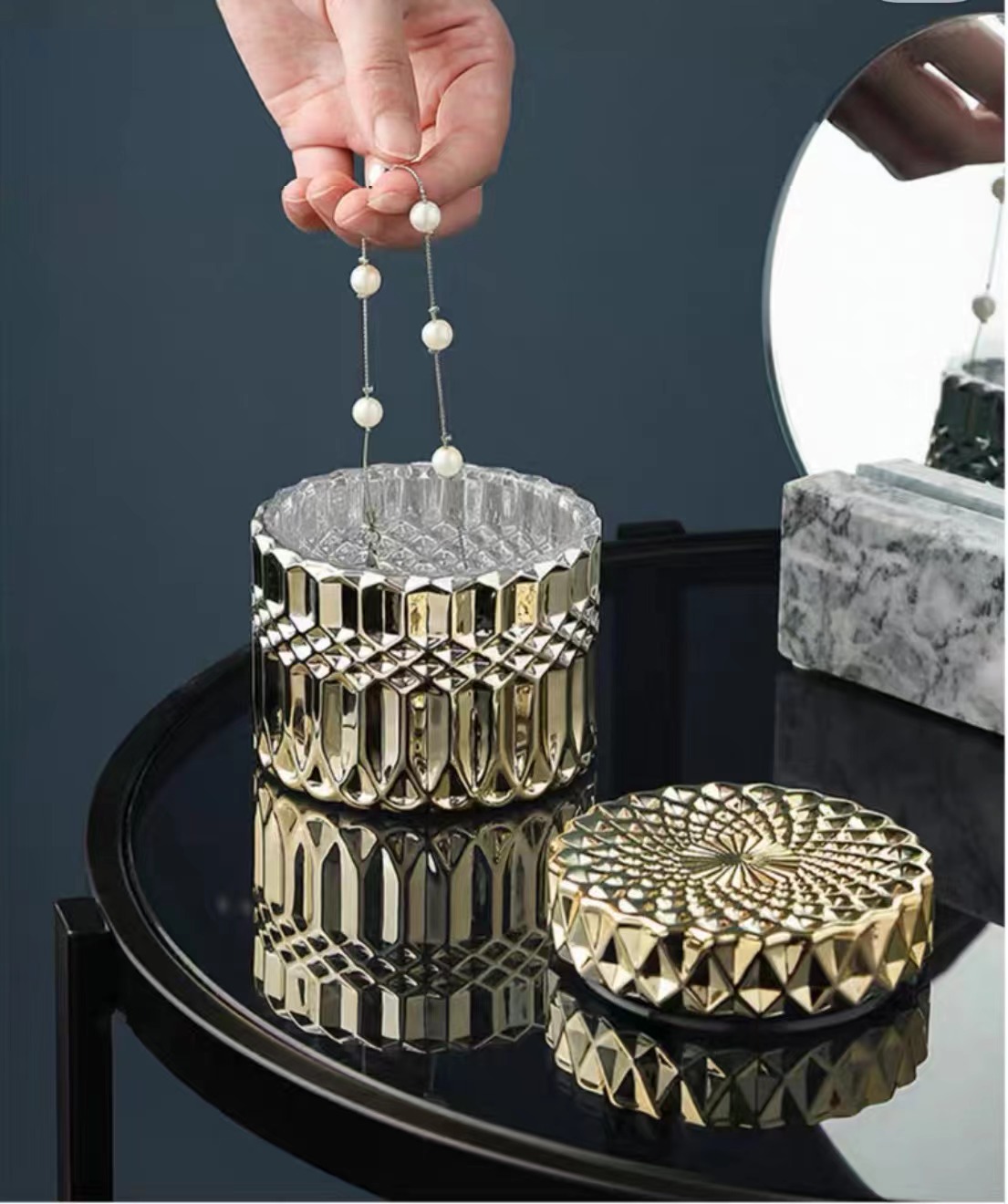 美式轻奢ins摆件装饰盒 银色化妆刷罐子首饰玻璃收纳筒详情图2