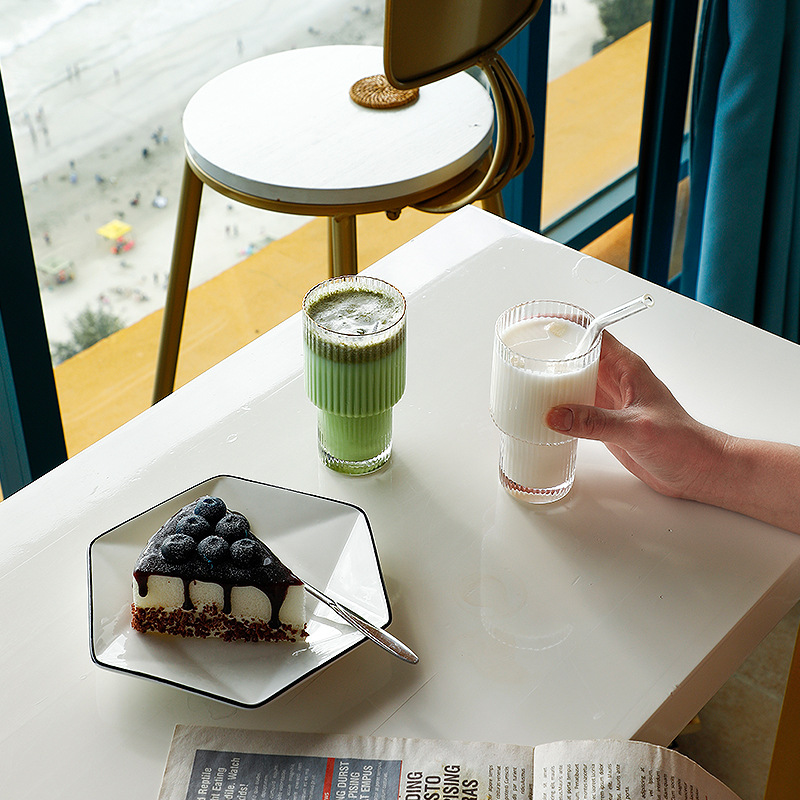 Hot-selling 16OZ vertical striped cup milk tea cold drink glass cup coffee cup set, 330ml vertical striped glass cup Specification image