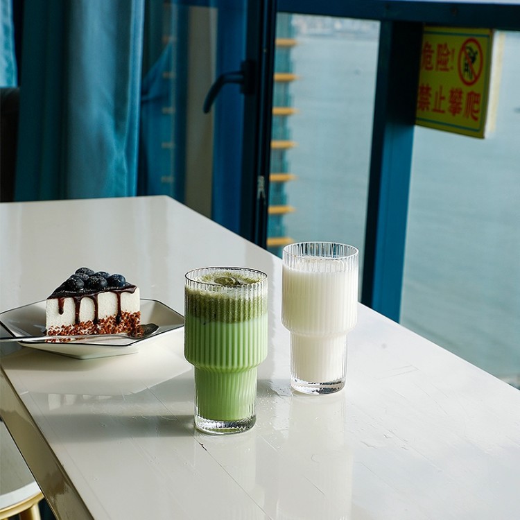 Hot-selling 16OZ vertical striped cup milk tea cold drink glass cup coffee cup set, 330ml vertical striped glass cup detail image 1