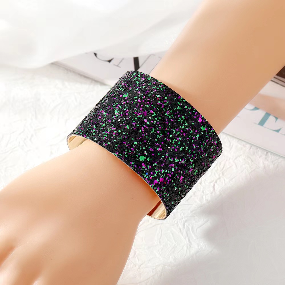 Xiyin, a cross-border Amazon bestseller from Europe and America, offers a stylish sequined metal bracelet with an adjustable opening and wide bezel for women details Picture