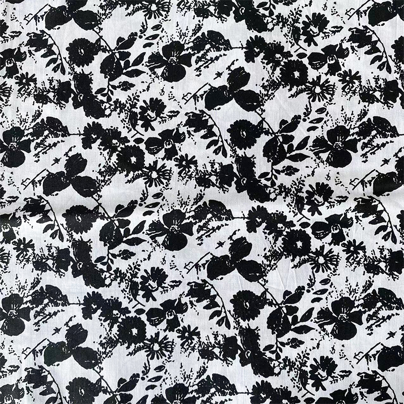 All-cotton poplin fabric, 40-count ink-wash printed plant flower leaf black and white Tang dress dress shirt headscarf fabric Item Picture