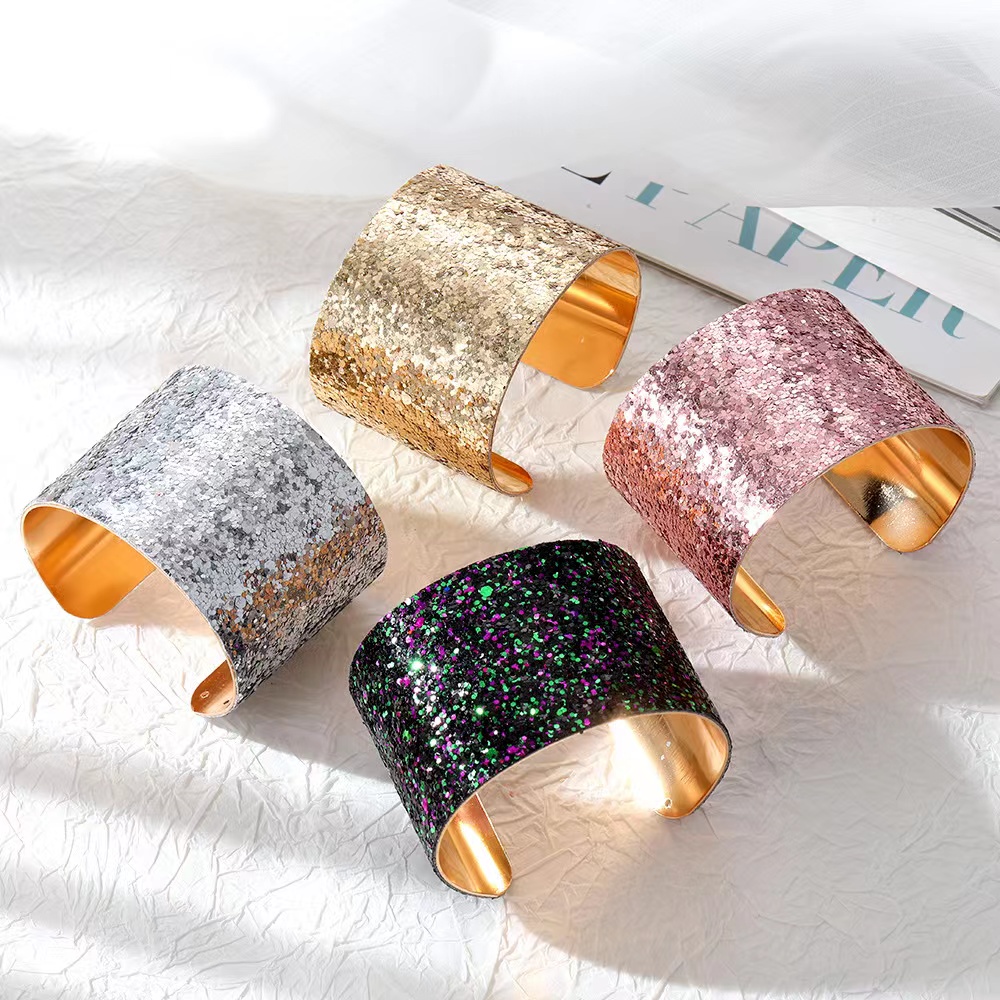 Xiyin, a cross-border Amazon bestseller from Europe and America, offers a stylish sequined metal bracelet with an adjustable opening and wide bezel for women