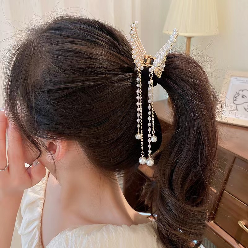 Elegant diamond-encrusted angel wing tassel small grab clip pearl flower butterfly hair clip design sense shark clip national trend series Specification image
