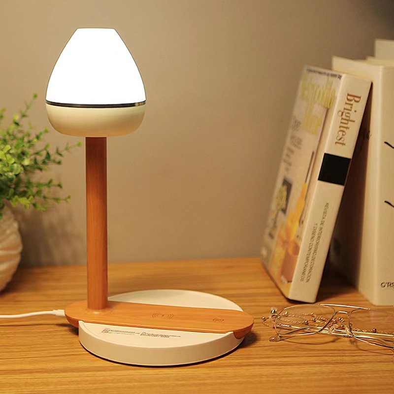 Hualei Solid Wood desk Lamp, student eye-protecting reading desk lamp with Qi Wireless mobile phone charger base desk lamp