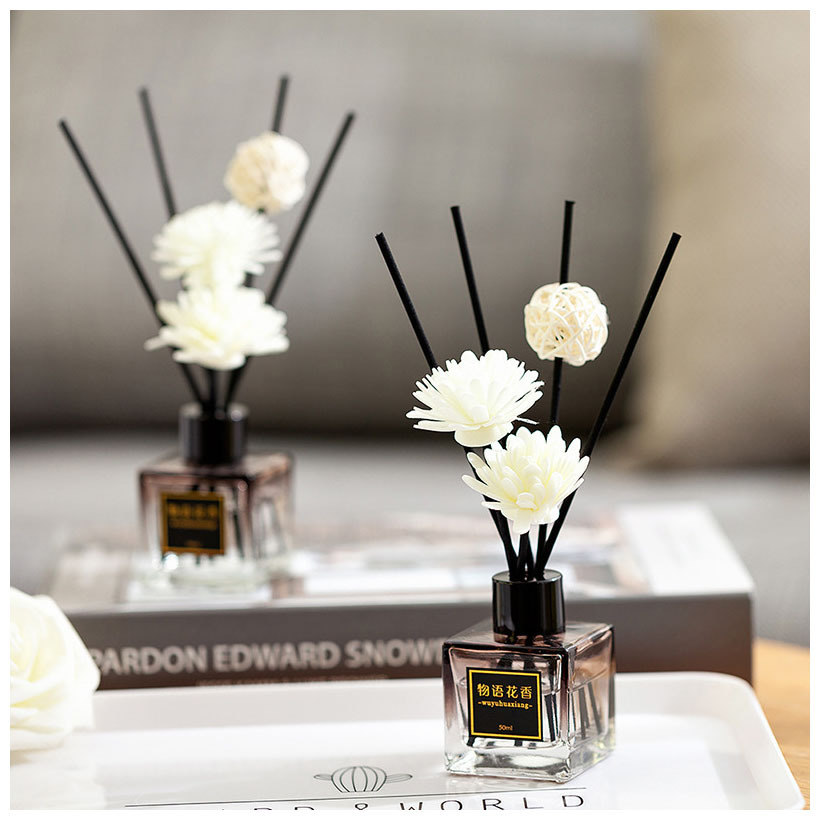 Creative new flameless scented grey small square bottle rattan dried flower fragrance deodorizing home perfume Item Picture