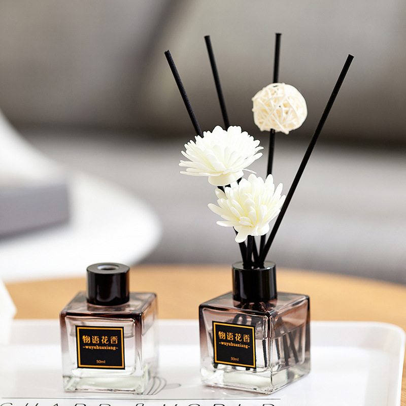 Creative new flameless scented grey small square bottle rattan dried flower fragrance deodorizing home perfume