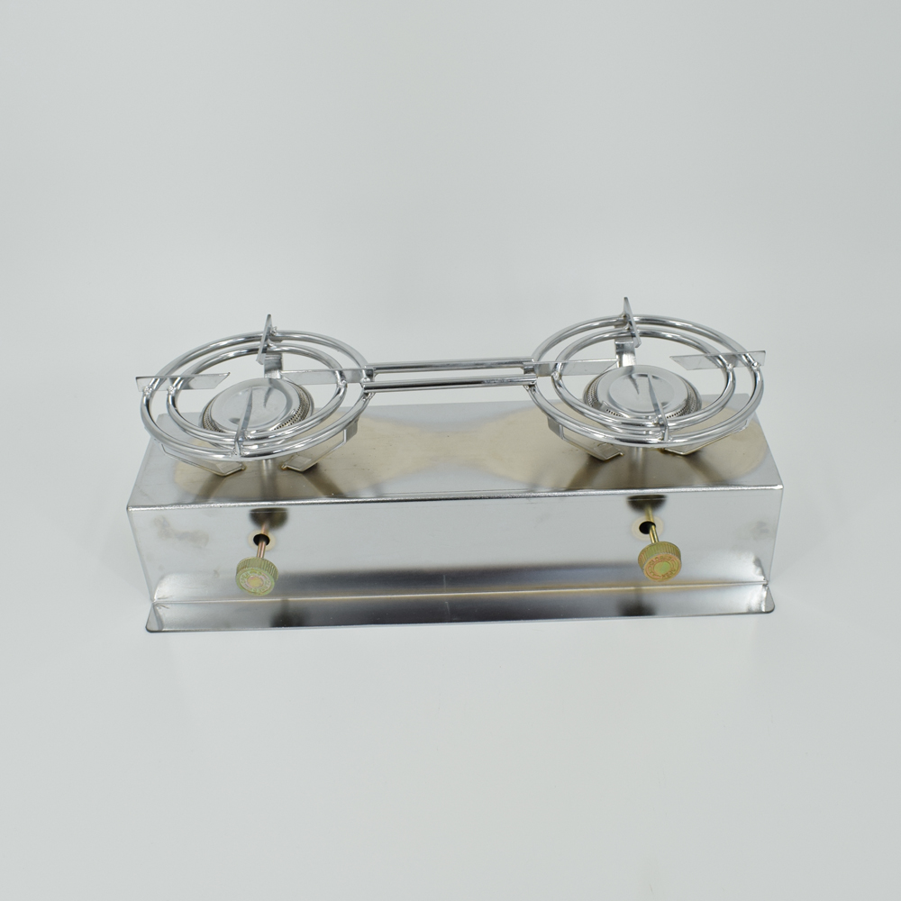 Double-burner stainless steel stove with strong firepower for outdoor camping and picnic