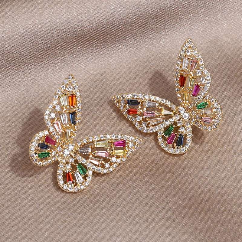 Hot-selling fashion jewelry, exaggerated and luxurious copper-inlaid colored zircon butterfly ring earrings set for women detail image 4
