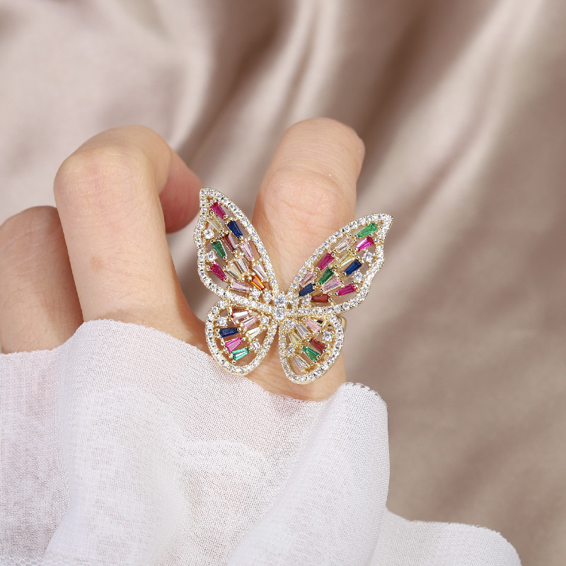 Hot-selling fashion jewelry, exaggerated and luxurious copper-inlaid colored zircon butterfly ring earrings set for women Specification image