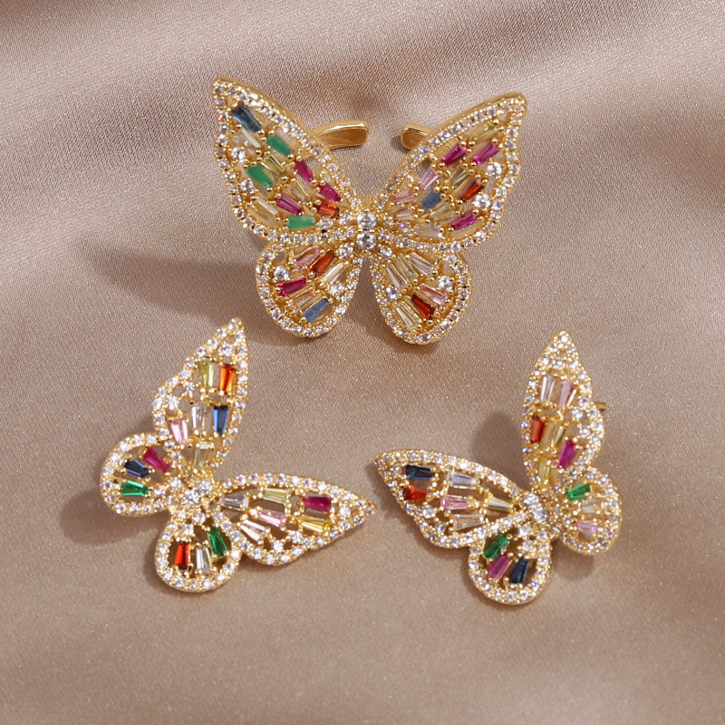 Hot-selling fashion jewelry, exaggerated and luxurious copper-inlaid colored zircon butterfly ring earrings set for women