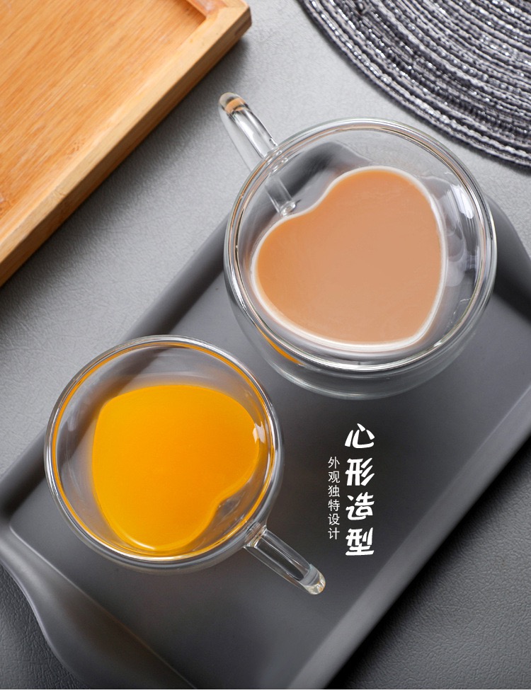 Creative Double Layer High Borosilicate Glass Milk Cup Couples Heart-Shaped Coffee Cup Home Milk Tea Juice Cup With Handle 150Ml details Picture