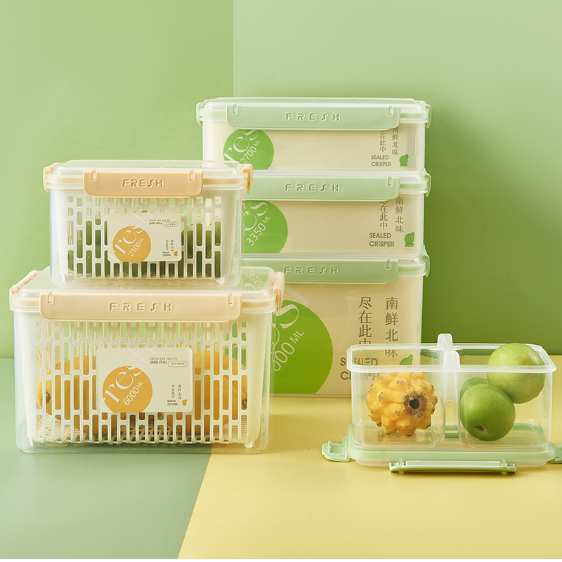 Household double-layer draining preservation box, kitchen refrigerator plastic storage box, multi-functional refrigerator draining basket, dry and wet separation details Picture