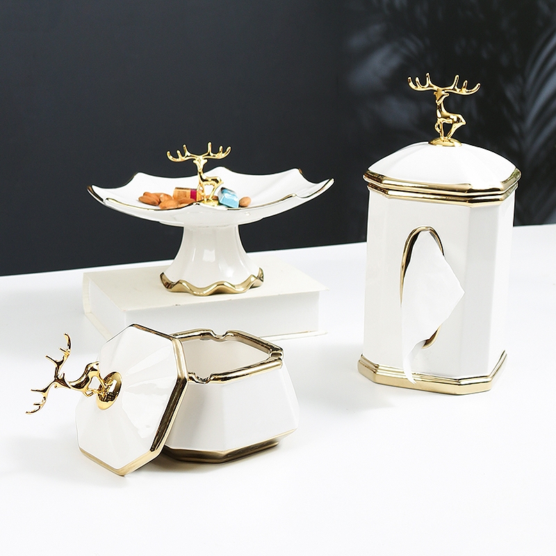 鹿头带盖子陶瓷纸巾盒轻奢高档家用卫生间ins风抽纸盒简约欧式装饰摆件