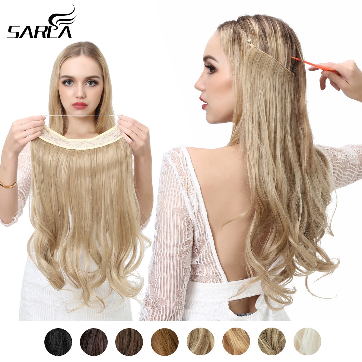 SARLA European and American wig pieces, women's fishing line hair extension pieces, foreign trade chemical fiber matte high-temperature filament long curly hair wig details Picture