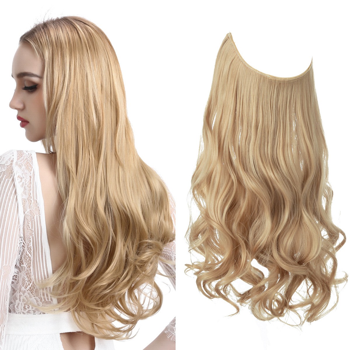 SARLA European and American wig pieces, women's fishing line hair extension pieces, foreign trade chemical fiber matte high-temperature filament long curly hair wig Specification image
