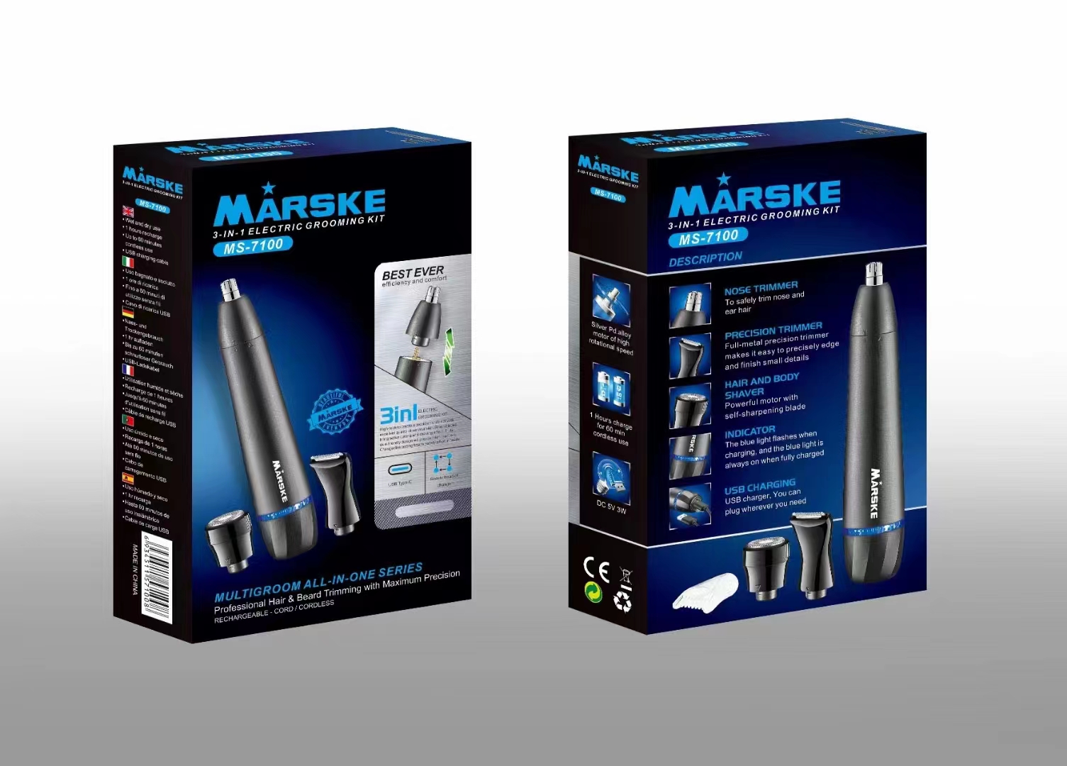MS-7100 USB Three-in-One Water-washable Nasal Hair Remover set for nasal hair cleaning and facial cleansing Specification image