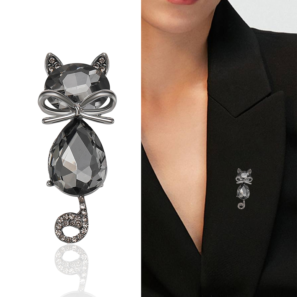 Factory direct sales of creative and light luxury new best-selling water diamond glass cat stainless steel brooch, anti-glare, light luxury creative retro brooch, simple and fashionable accessory pin