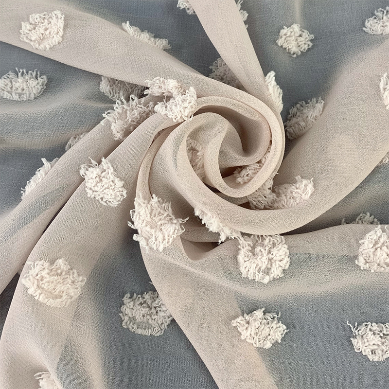 High-twist cut-pattern chiffon, large wool ball round ball jacquard fabric, children's clothing, Hanfu, dress fabric, women's clothing, polyester Item Picture
