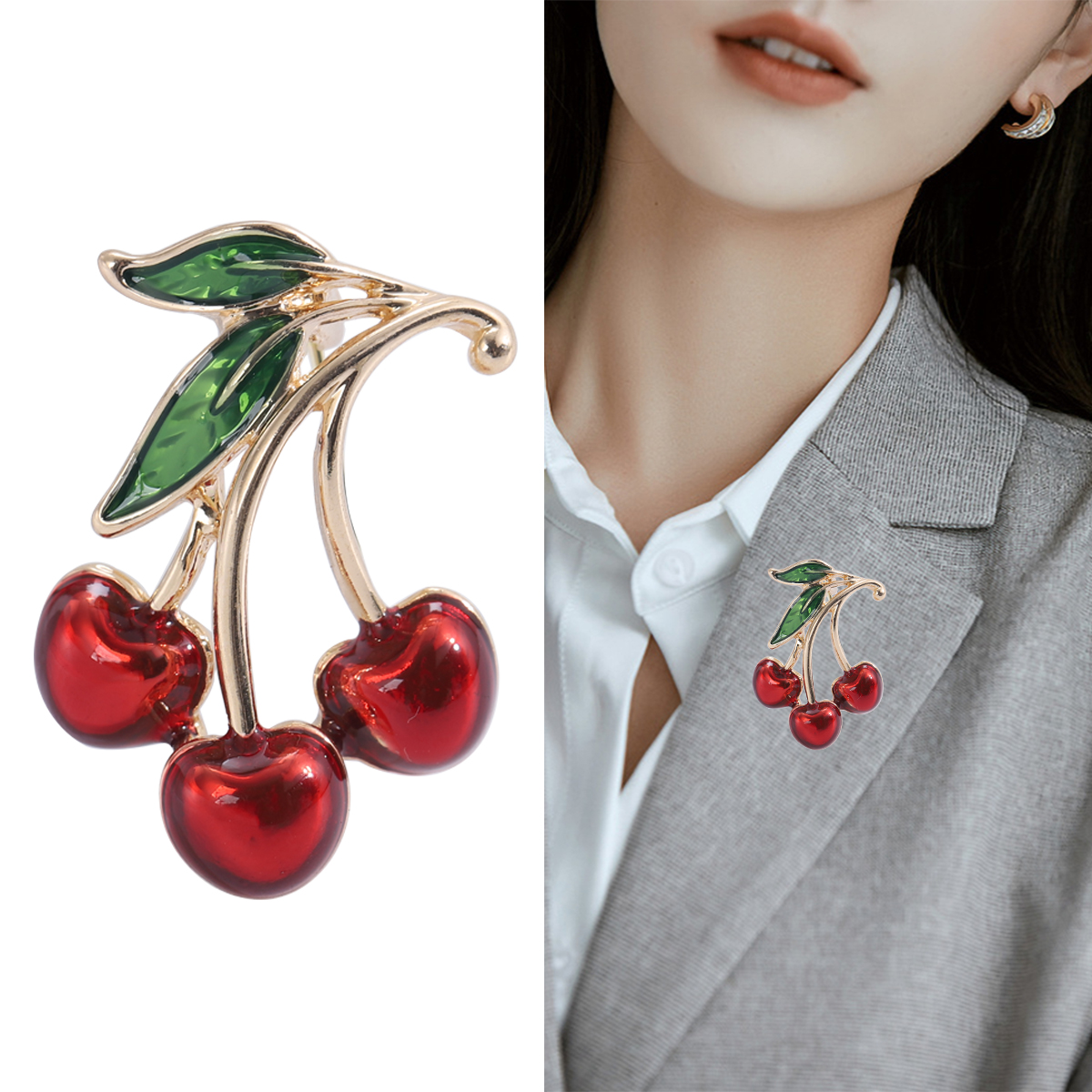 Factory direct sales, creative and light luxury new best-selling water diamond oil drip cherry stainless steel brooch, anti-leakage, light luxury creative retro brooch, simple and fashionable accessory pin