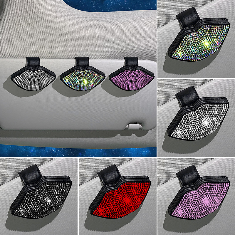 New car multi-functional genuine cowhide diamond-encrusted spectacle clip, creative car spectacle clip, ticket clip, multi-functional diamond-encrusted clip QW325 details Picture