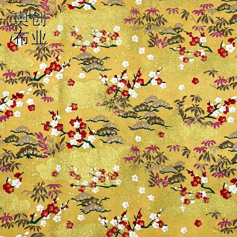 Gold-embossed printed fabric, traditional Chinese plum blossom cheongsam and Hanfu fabric, ancient-style bags, diy hair accessories, dessert packaging fabric