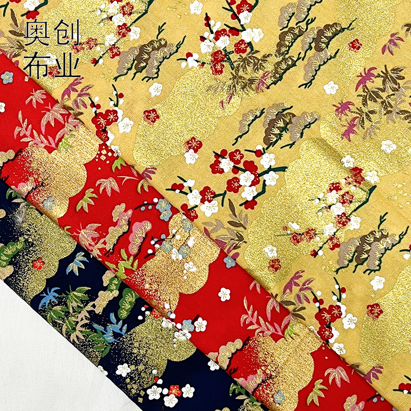 Gold-embossed printed fabric, traditional Chinese plum blossom cheongsam and Hanfu fabric, ancient-style bags, diy hair accessories, dessert packaging fabric details Picture