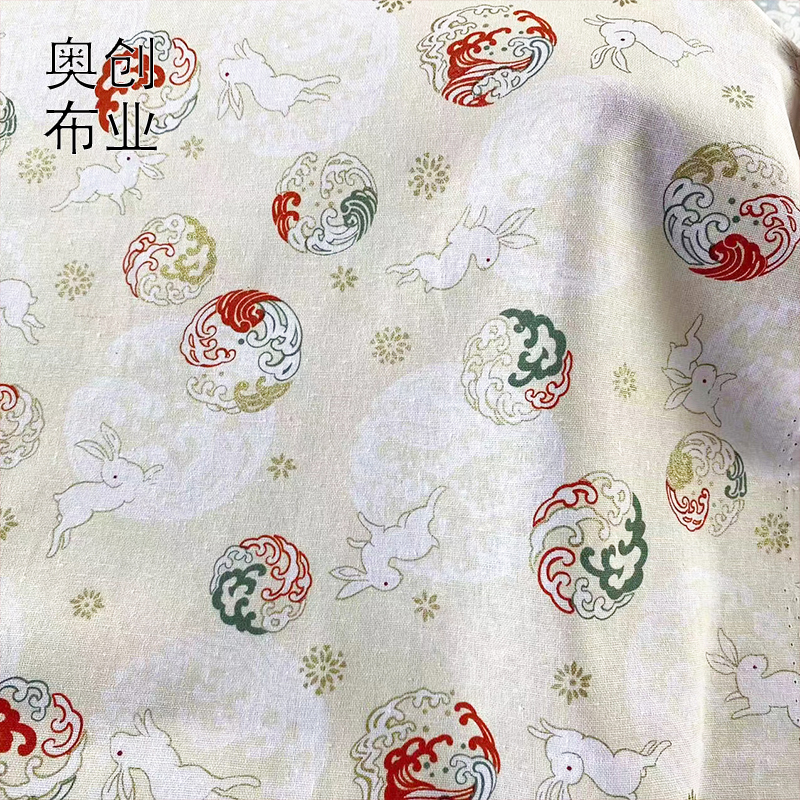 Chinese-style Jade rabbit pure cotton gold-embossed printed fabric, ancient-style Hanfu cheongsam fabric, hair accessories, bags, ornaments, sachets Application Scenario